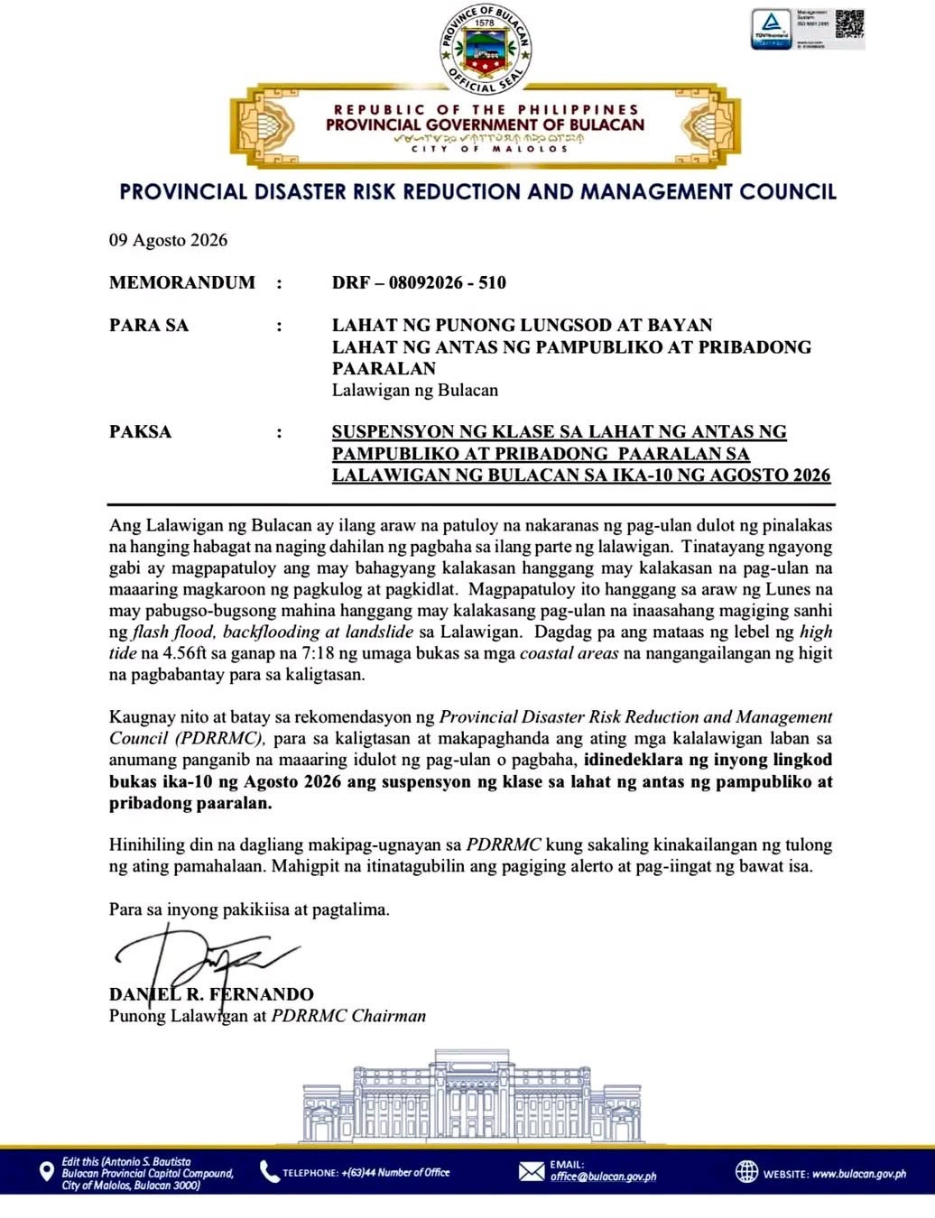 𝗪𝗔𝗟𝗔𝗡𝗚 𝗣𝗔𝗦𝗢𝗞 | Klase sa lahat ng antas sa Bulacan muling sinuspinde