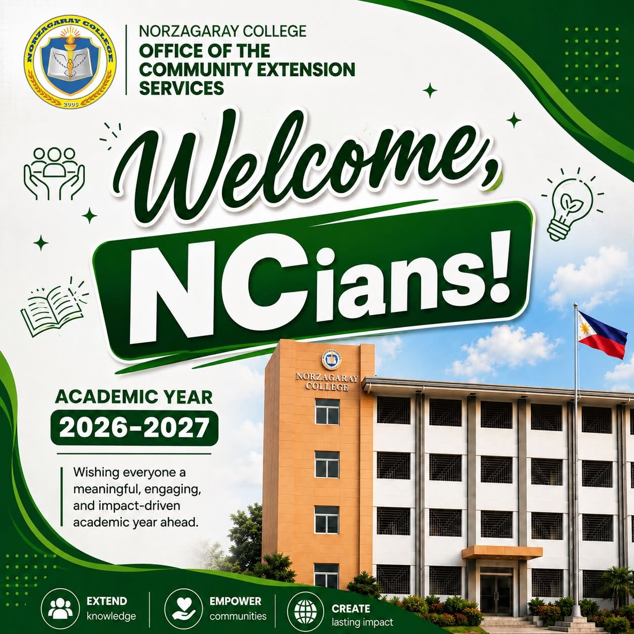The Norzagaray College – Office of the Community Extension Services warmly welcomes everyone to Academic Year 2026–2027!