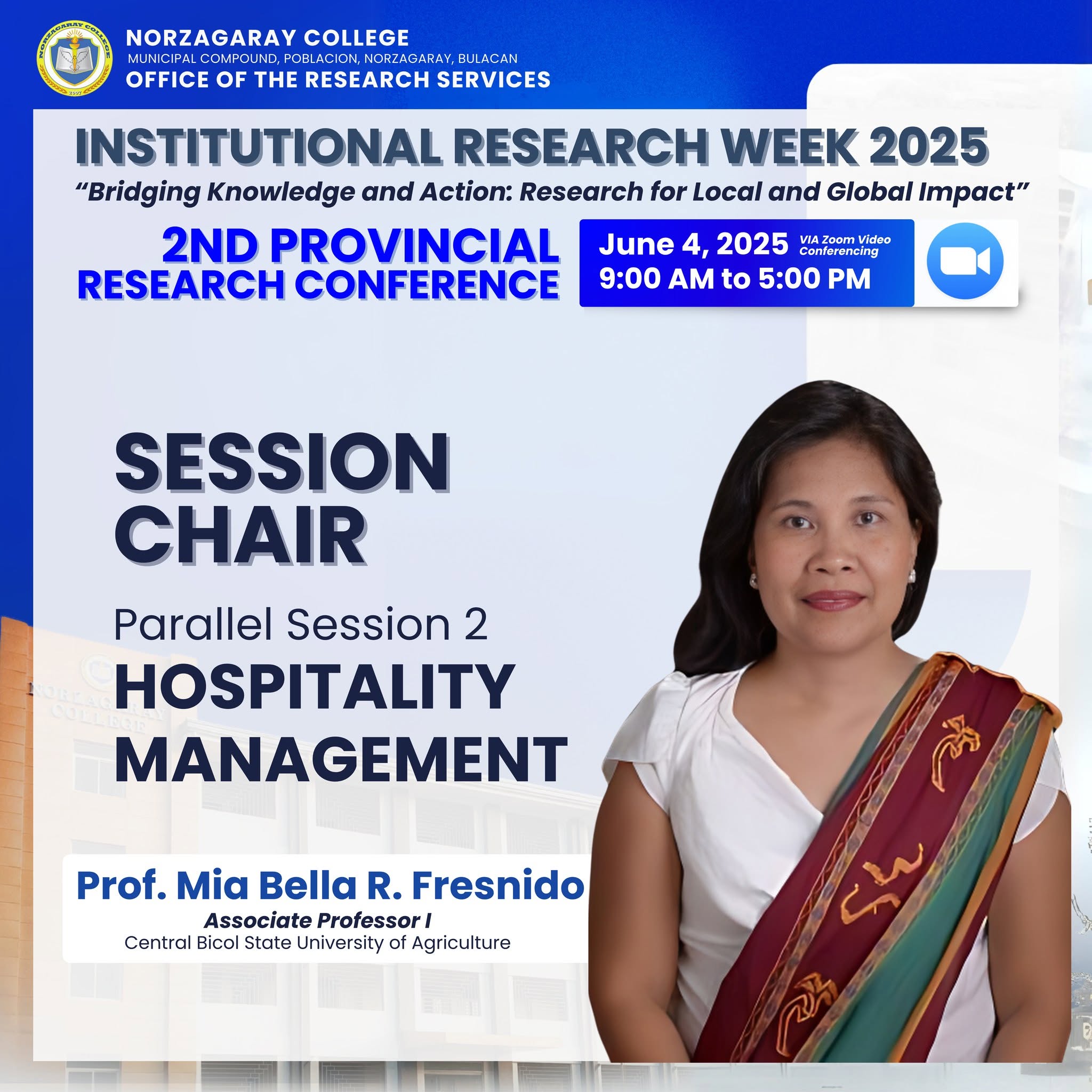 2ND PROVINCIAL RESEARCH CONFERENCE – SESSION CHAIR FOR THE HOSPITALITY MANAGEMENT TRACK