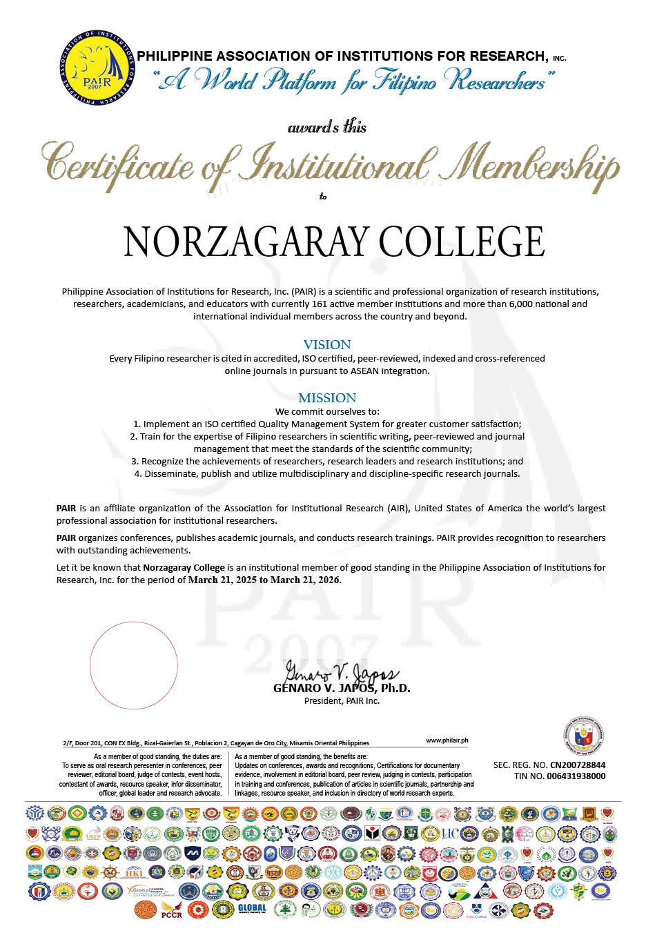 Norzagaray College Renews Membership with PAIR
