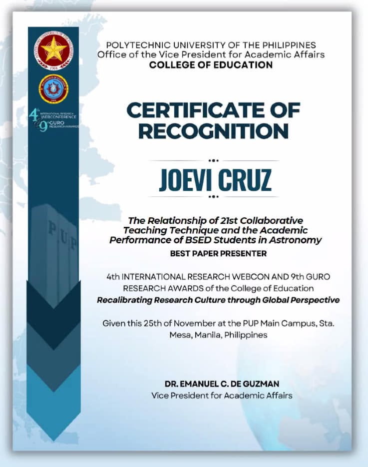 Joevi Cruz Wins Best Paper Presenter Award at PUP International Research Webconference