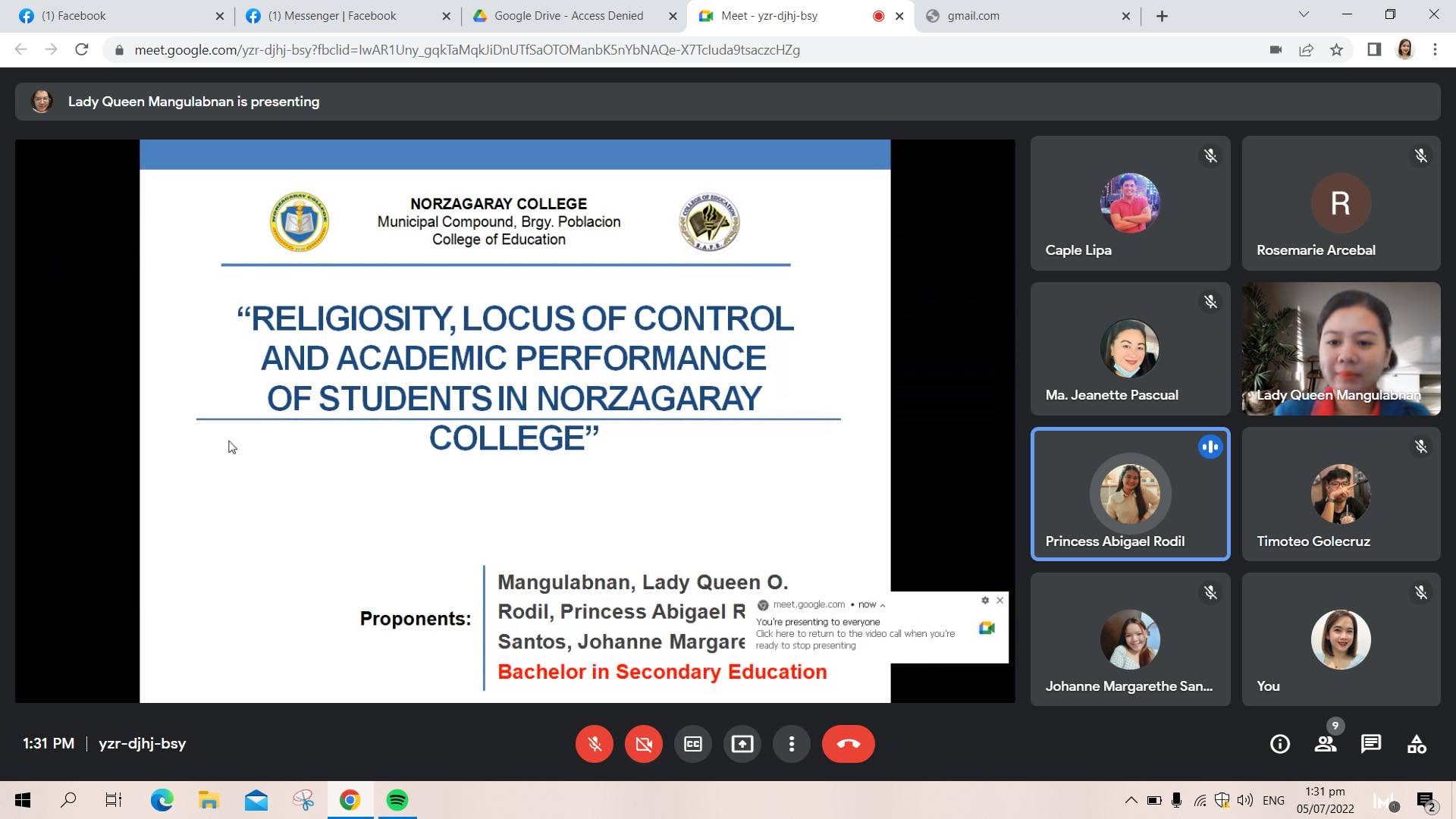 Virtual Thesis Defense of BSED Students