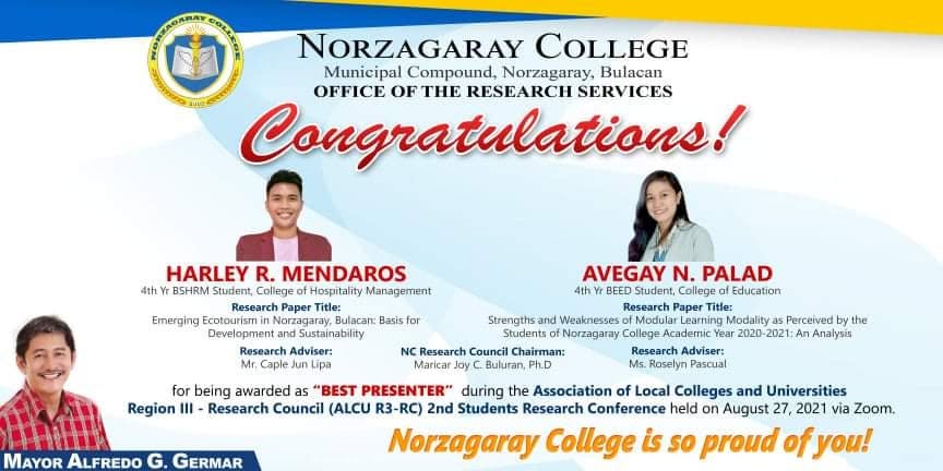 Norzagaray College Researchers Recognized as Best Presenters at 2nd ALCU-R3 Student Research Conference