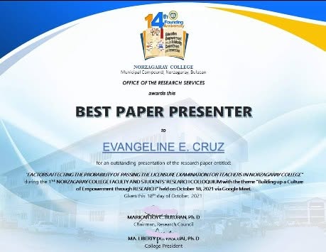 Ms. Evangeline Cruz Wins Best Presenter Award at the 1st NC Research Colloquium
