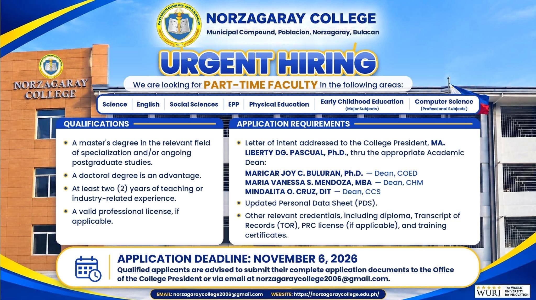 URGENT HIRING: PART-TIME FACULTY