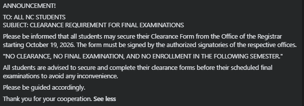 CLEARANCE REQUIREMENT FOR FINAL EXAMINATIONS